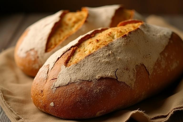 Hogazas de pan de masa madre recién horneadas con una corteza crujiente.
