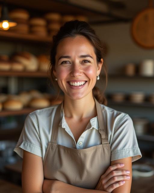 La repostera jefe de Jade Dulce sonriendo en su obrador artesanal.