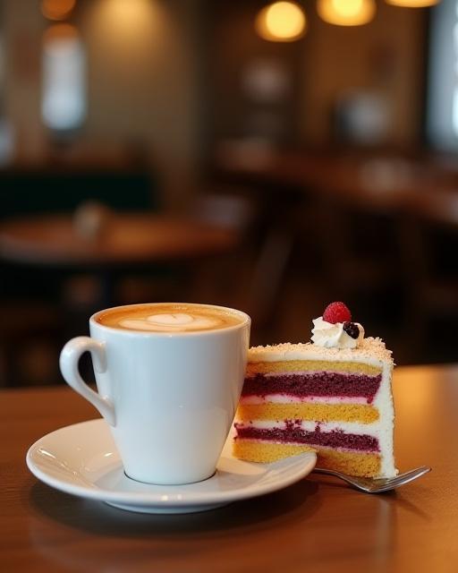Una taza de café junto a una porción de tarta en una mesa de la pastelería.