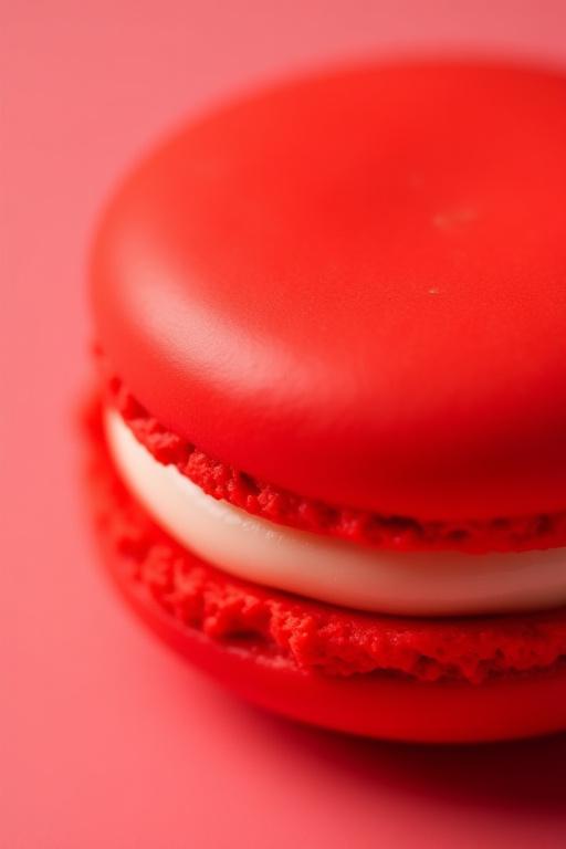 Primer plano del relleno cremoso de un macaron rojo.